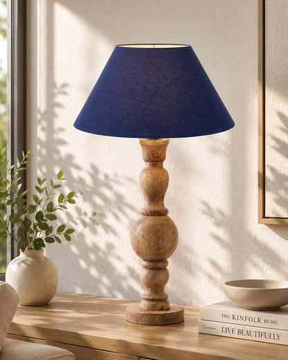 Hand Turned Wood Bubble Bedside Table Lamp, Cone Shade