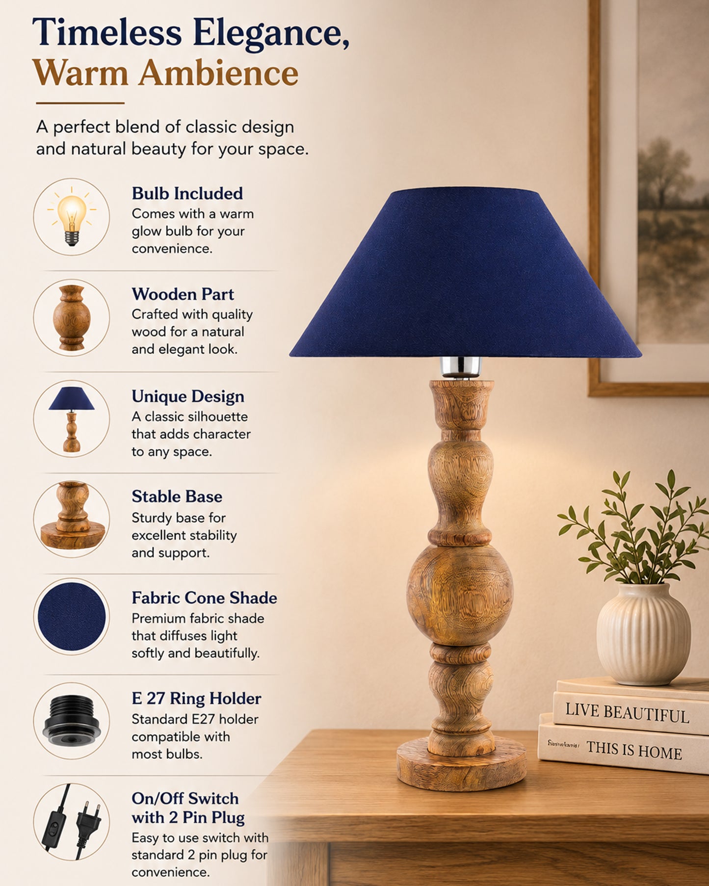 Hand Turned Wood Bubble Bedside Table Lamp, Cone Shade