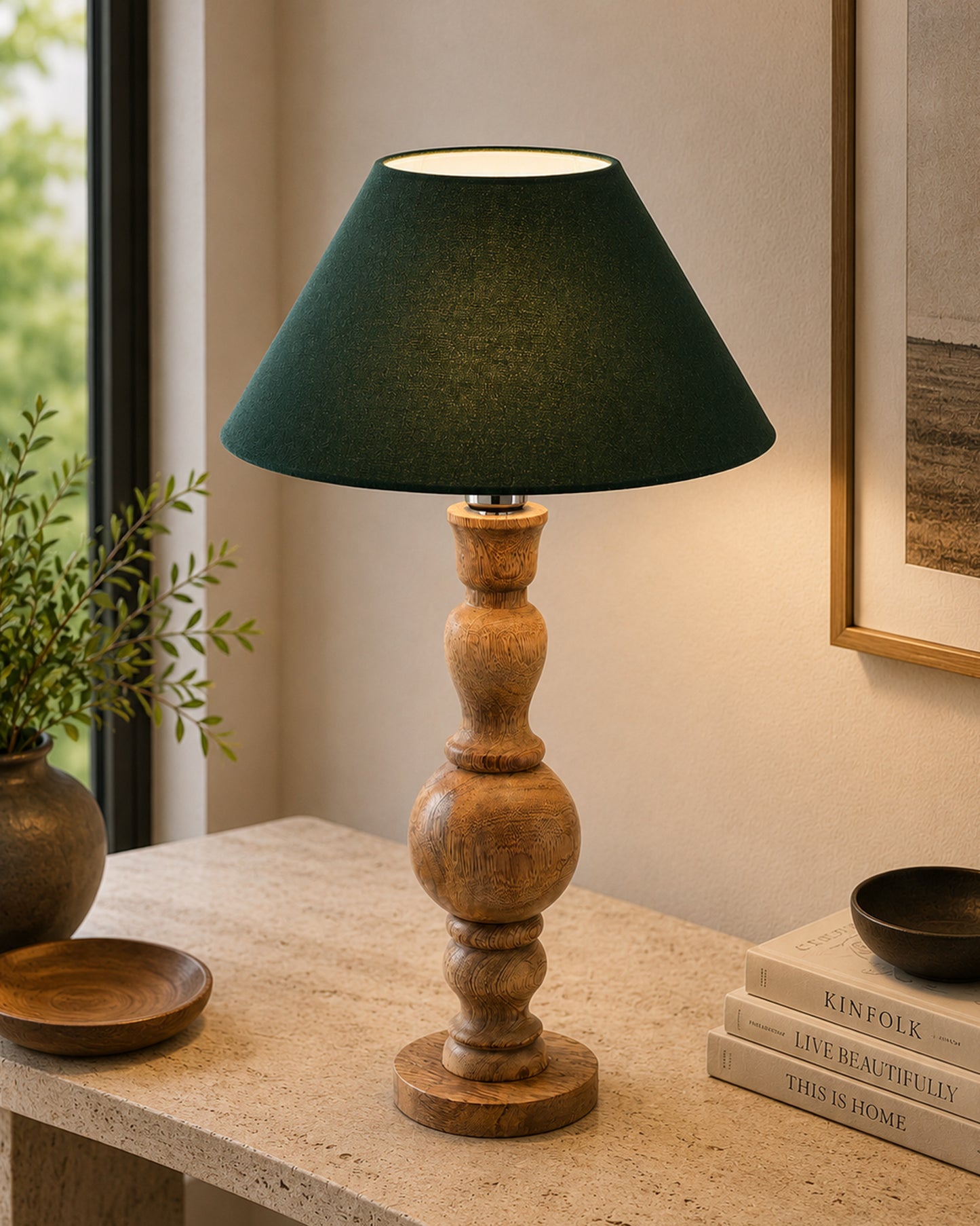 Hand Turned Wood Bubble Bedside Table Lamp, Cone Shade