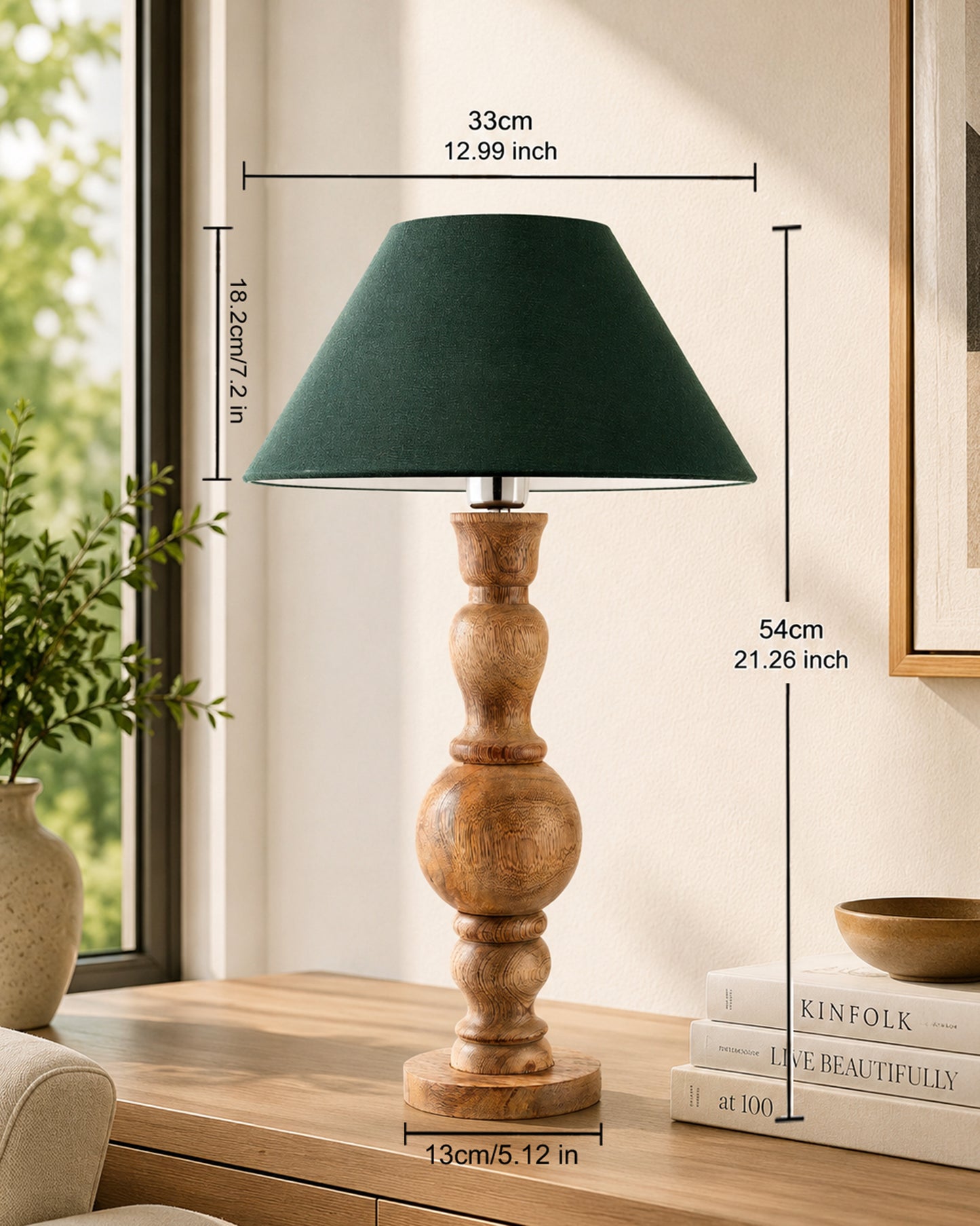 Hand Turned Wood Bubble Bedside Table Lamp, Cone Shade