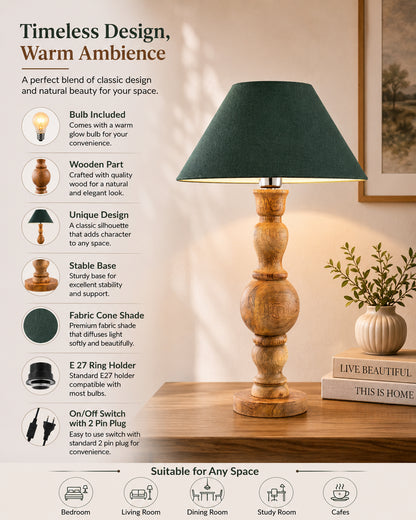 Hand Turned Wood Bubble Bedside Table Lamp, Cone Shade