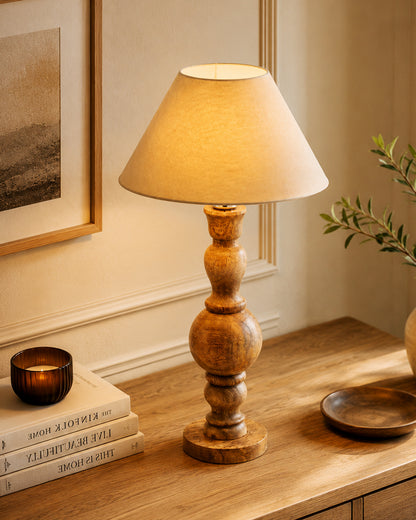 Hand Turned Wood Bubble Bedside Table Lamp, Cone Shade