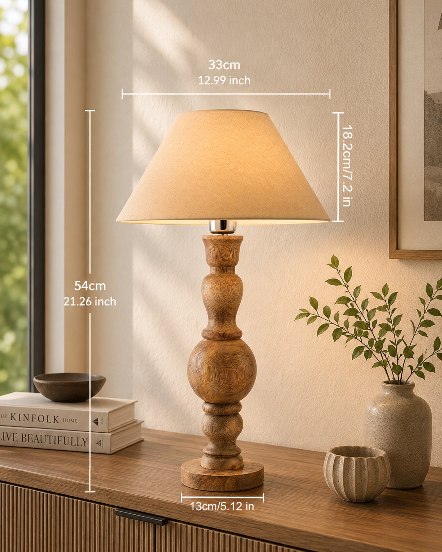 Hand Turned Wood Bubble Bedside Table Lamp, Cone Shade