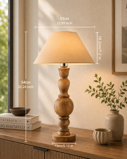 Hand Turned Wood Bubble Bedside Table Lamp, Cone Shade