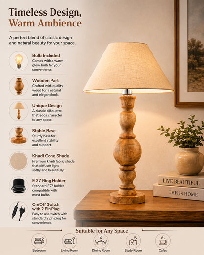 Hand Turned Wood Bubble Bedside Table Lamp, Cone Shade