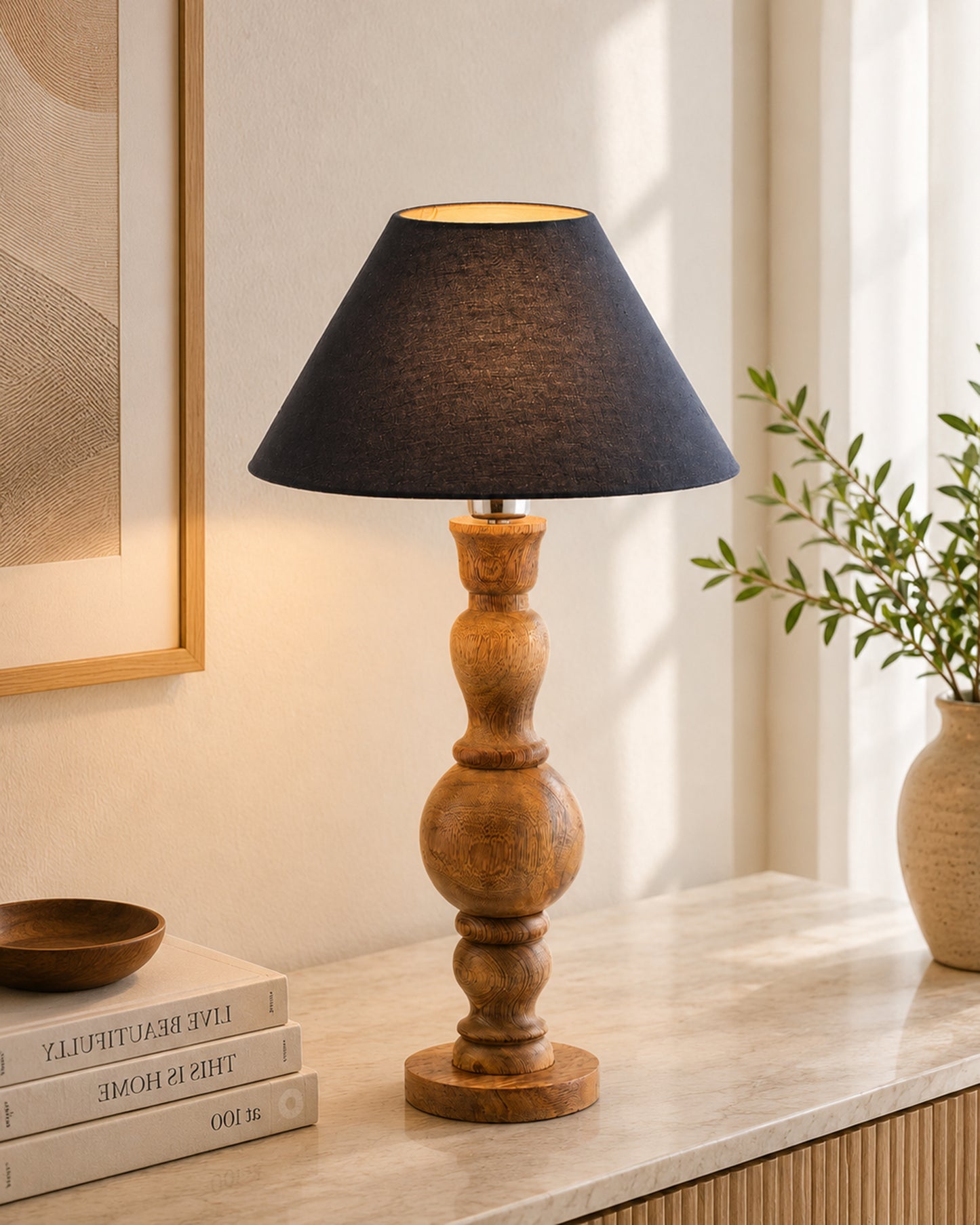 Hand Turned Wood Bubble Bedside Table Lamp, Cone Shade