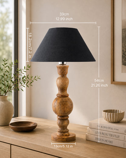 Hand Turned Wood Bubble Bedside Table Lamp, Cone Shade