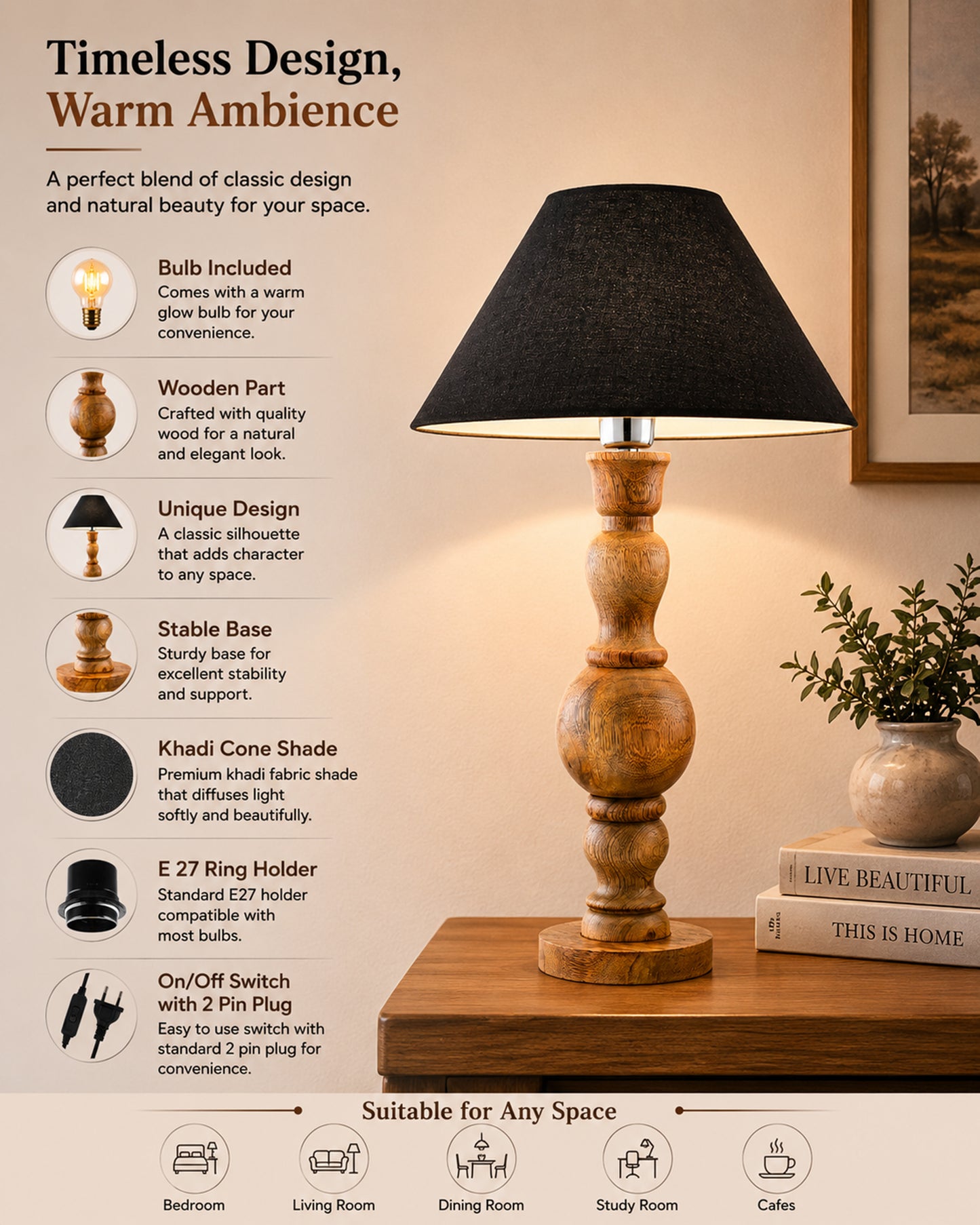 Hand Turned Wood Bubble Bedside Table Lamp, Cone Shade