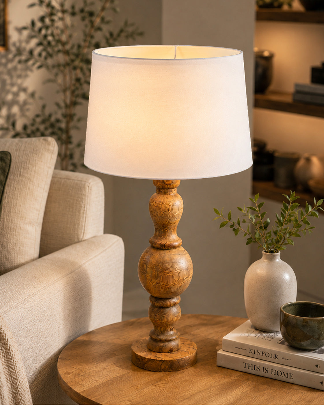 Hand Turned Wood Bubble Bedside Table Lamp, Drum Shade