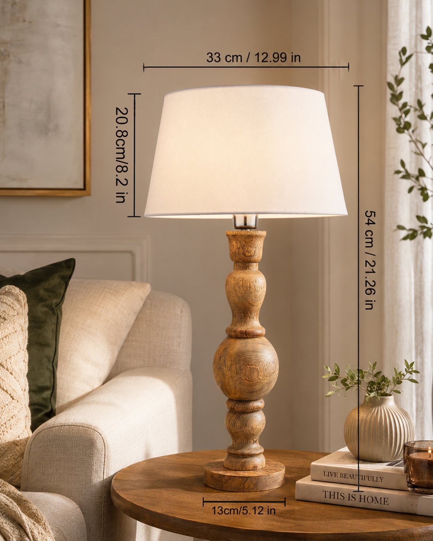Hand Turned Wood Bubble Bedside Table Lamp, Drum Shade