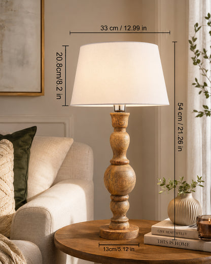 Hand Turned Wood Bubble Bedside Table Lamp, Drum Shade