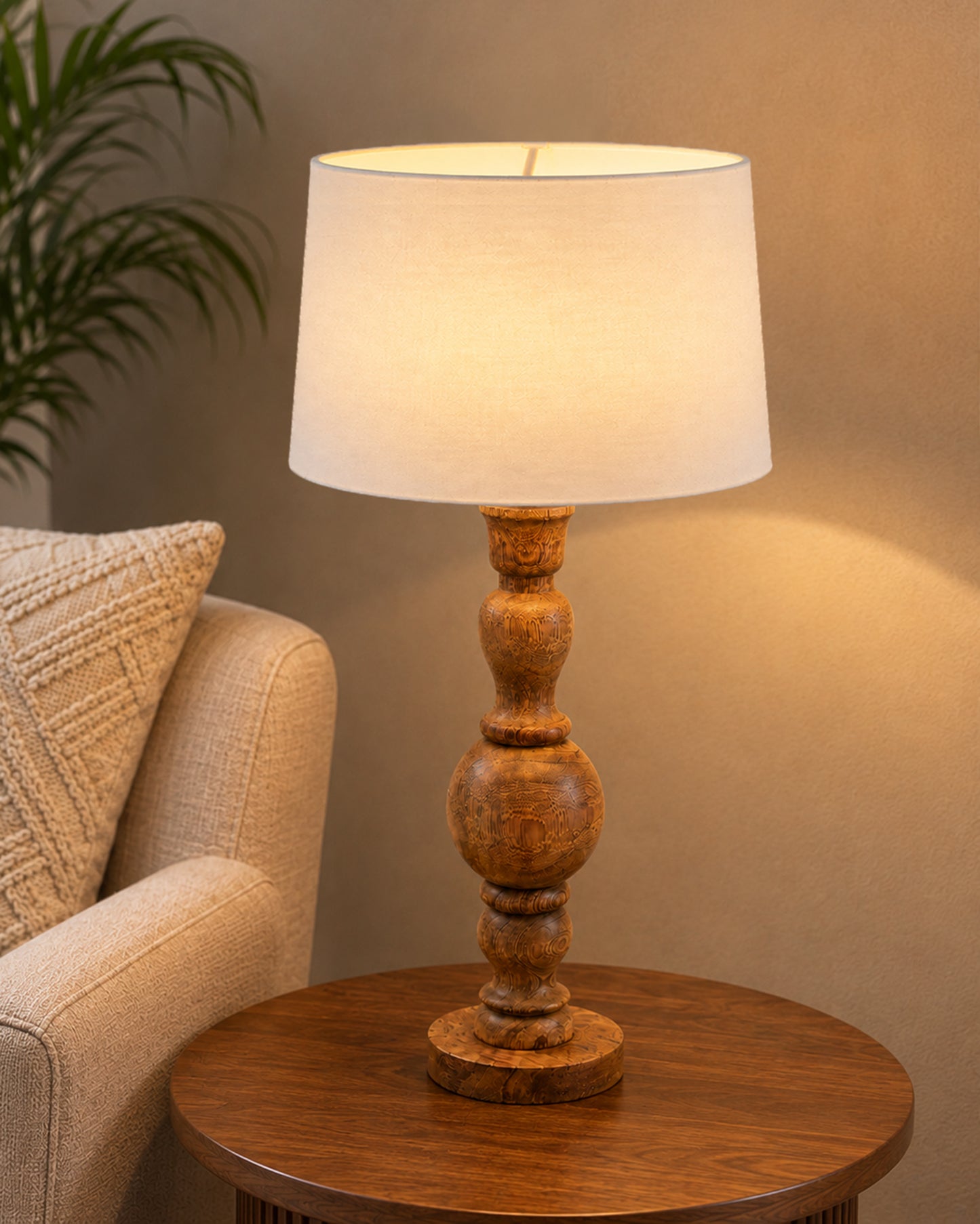 Hand Turned Wood Bubble Bedside Table Lamp, Drum Shade