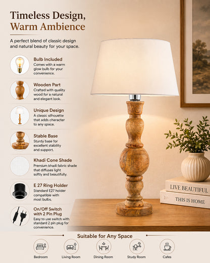 Hand Turned Wood Bubble Bedside Table Lamp, Drum Shade