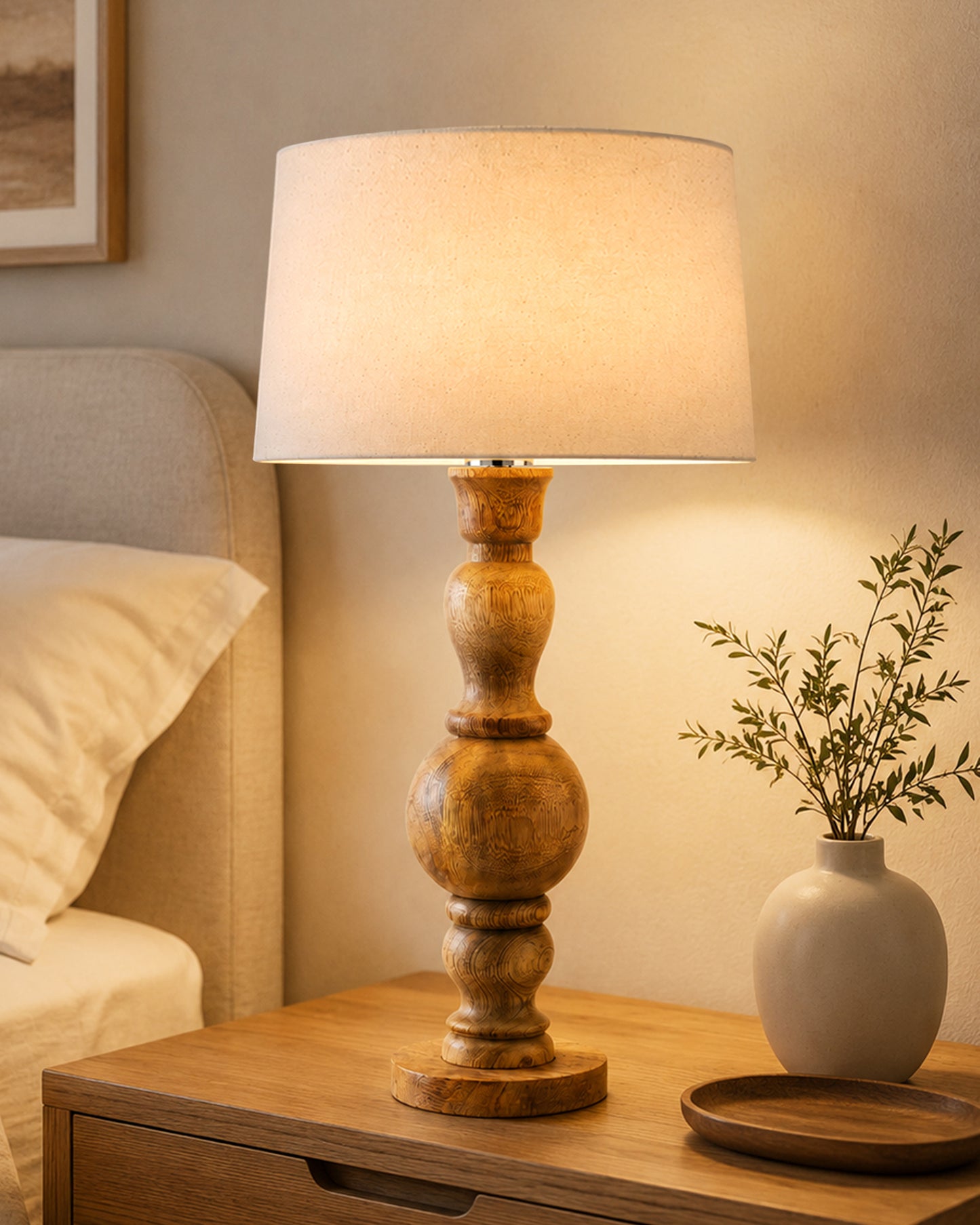 Hand Turned Wood Bubble Bedside Table Lamp, Drum Shade