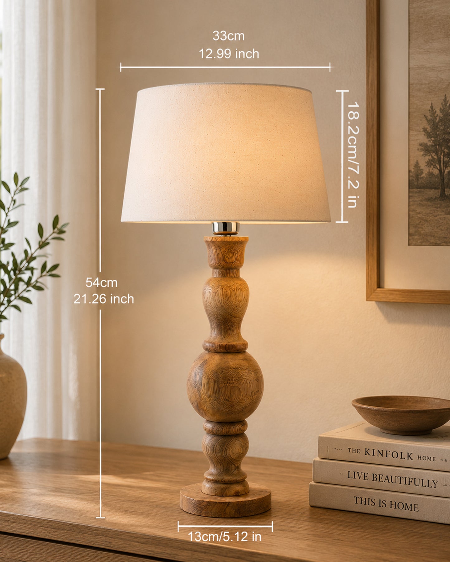 Hand Turned Wood Bubble Bedside Table Lamp, Drum Shade