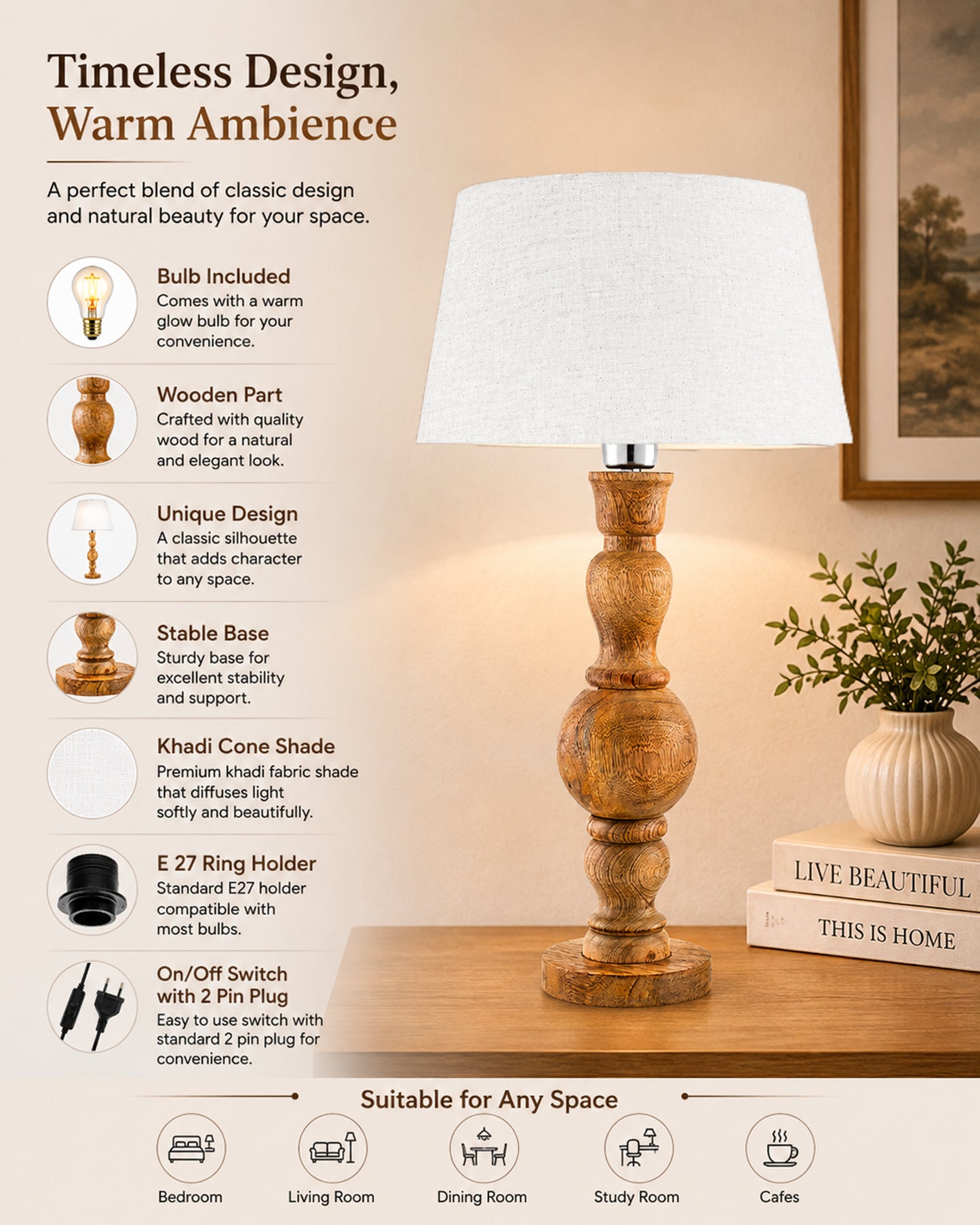 Hand Turned Wood Bubble Bedside Table Lamp, Drum Shade