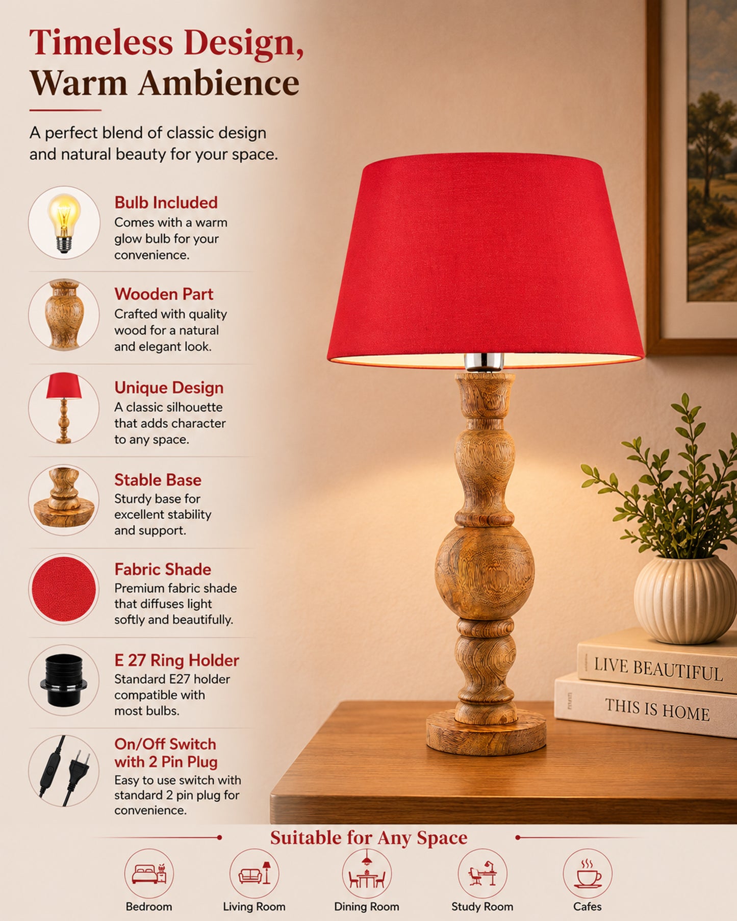 Hand Turned Wood Bubble Bedside Table Lamp, Drum Shade