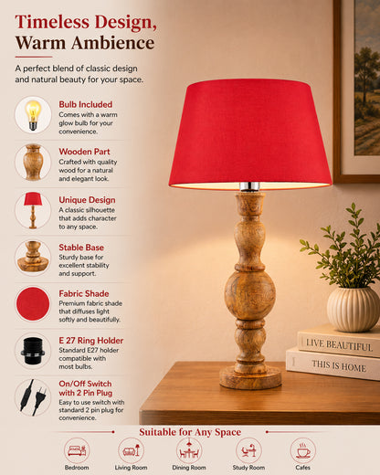 Hand Turned Wood Bubble Bedside Table Lamp, Drum Shade