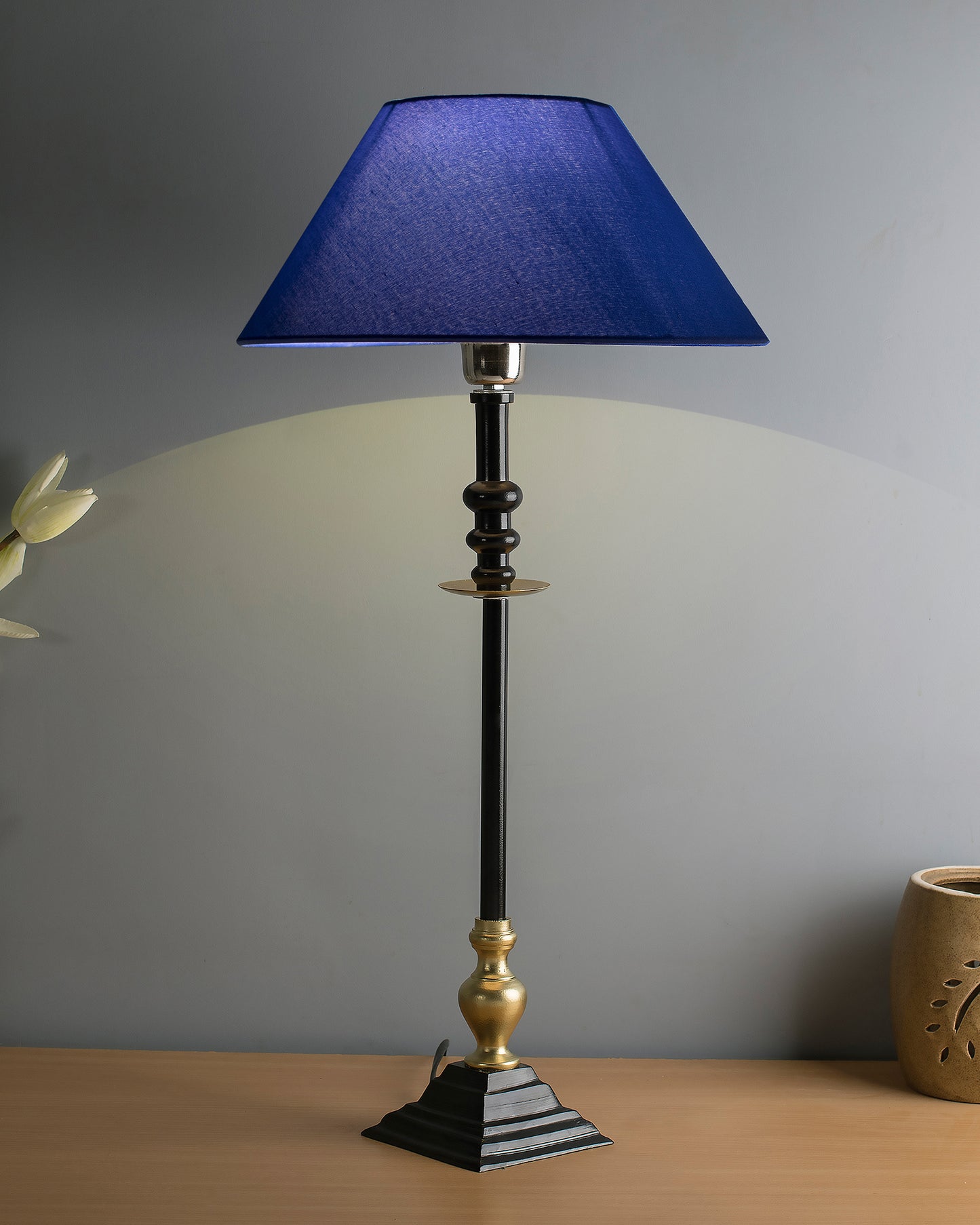 Classic Imperial Black Golden Riveria Table Lamp, Cone Shade