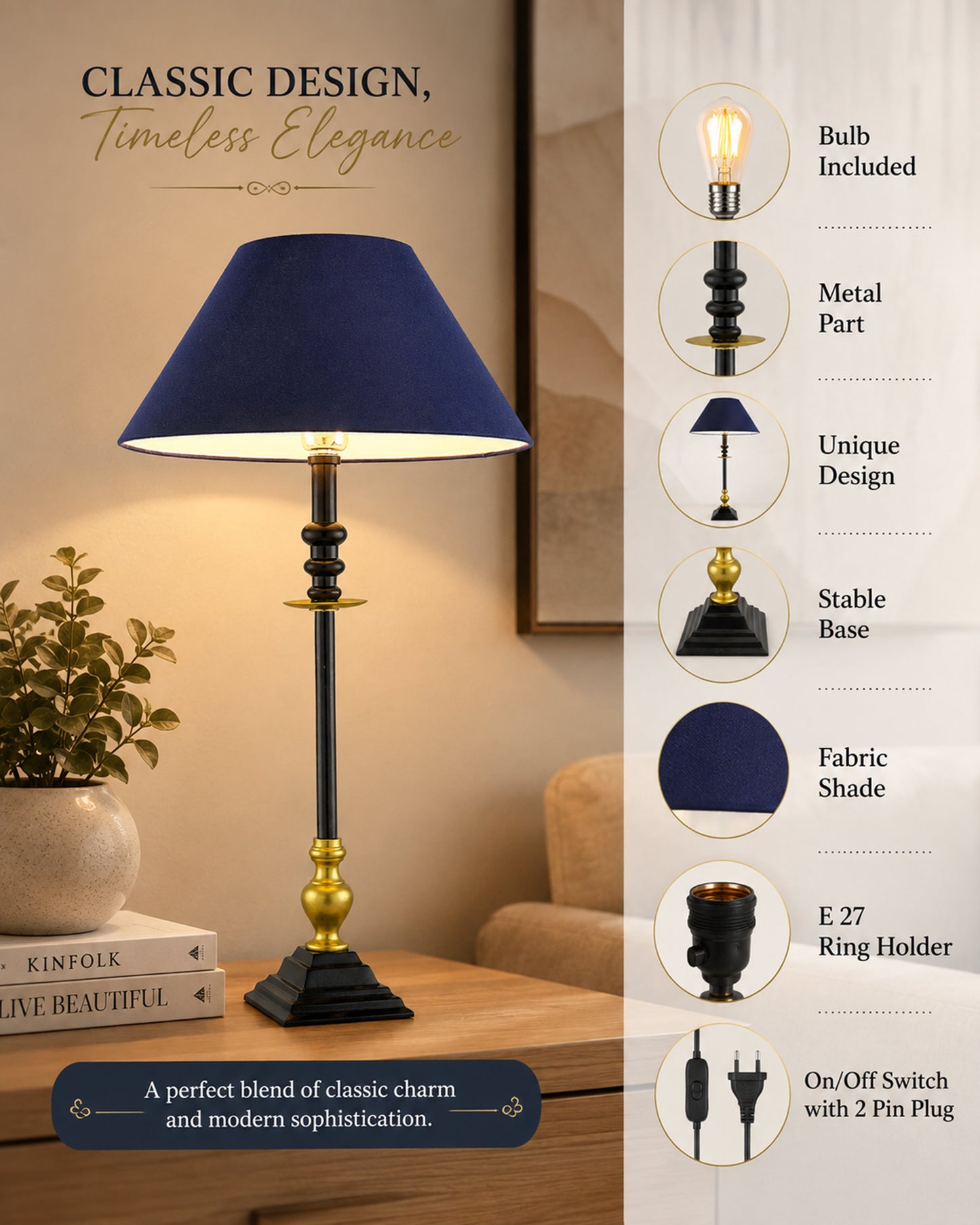 Classic Imperial Black Golden Riveria Table Lamp, Cone Shade