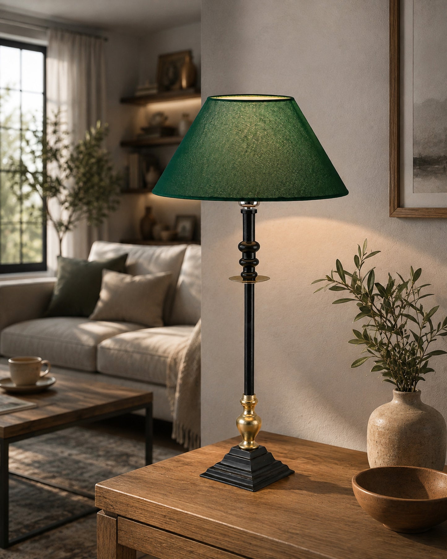 Classic Imperial Black Golden Riveria Table Lamp, Cone Shade