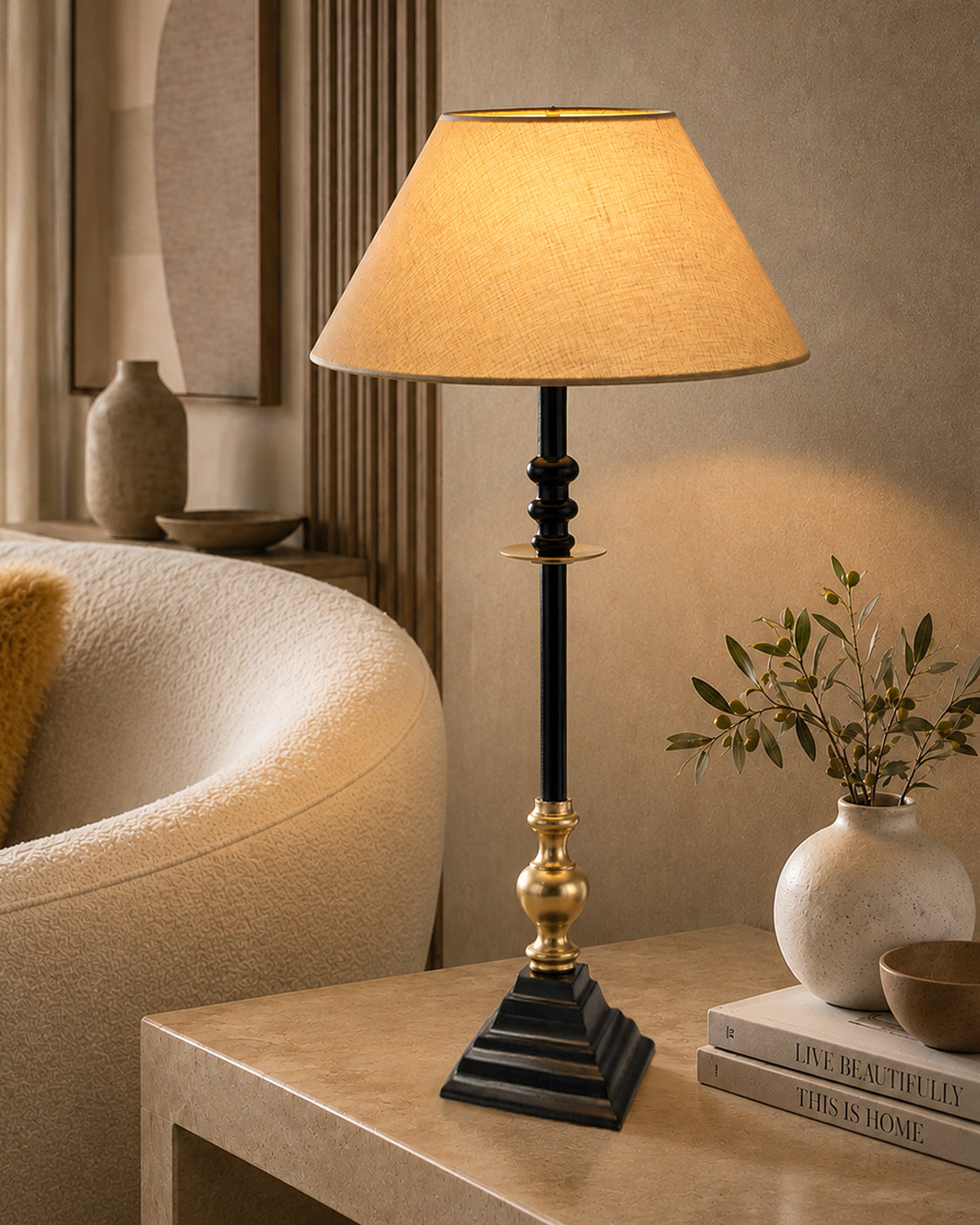 Classic Imperial Black Golden Riveria Table Lamp, Cone Shade