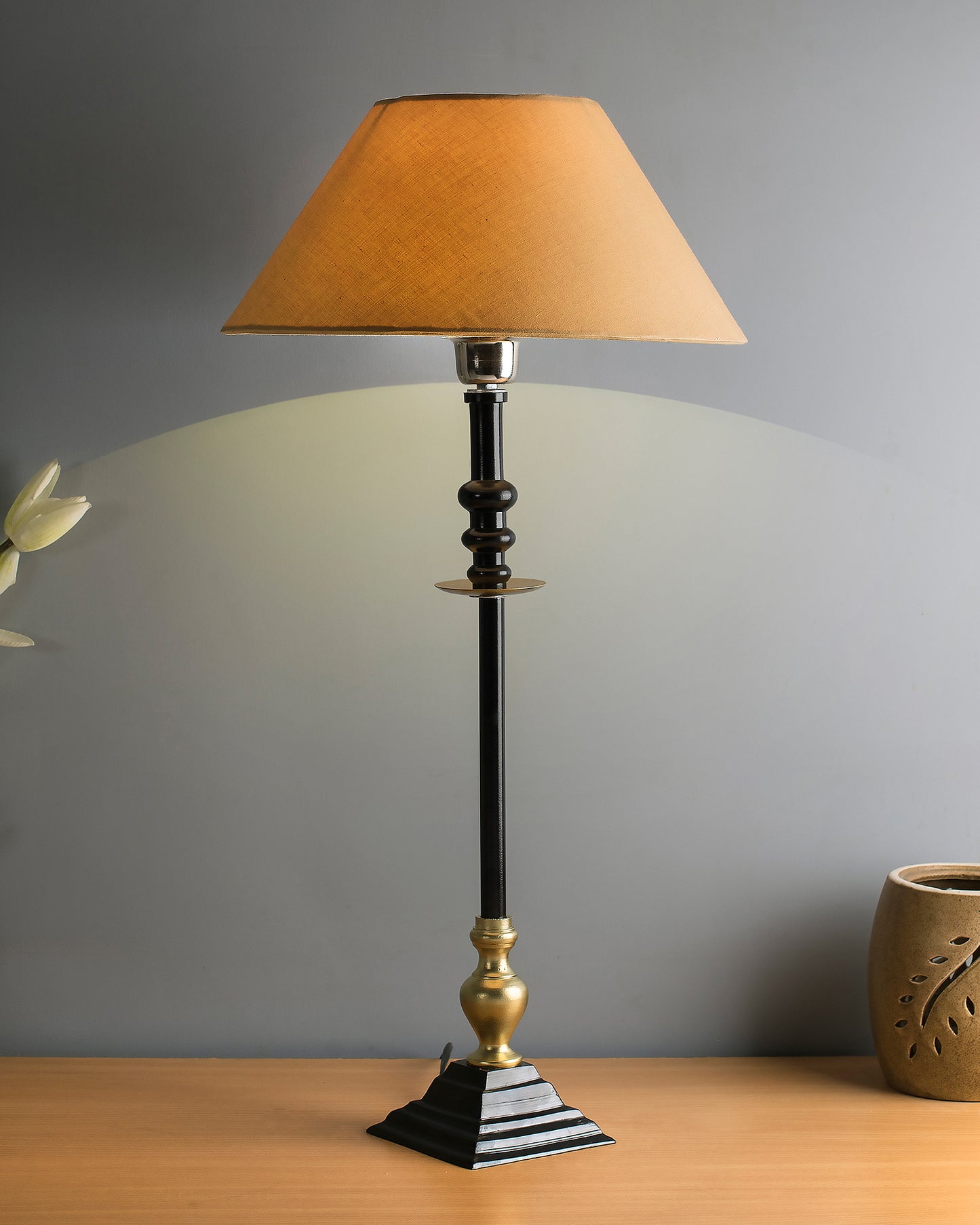 Classic Imperial Black Golden Riveria Table Lamp, Cone Shade