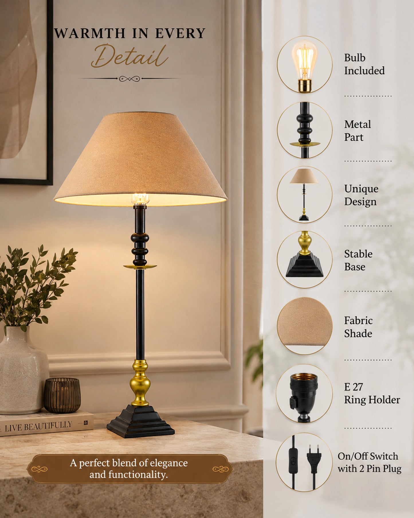 Classic Imperial Black Golden Riveria Table Lamp, Cone Shade