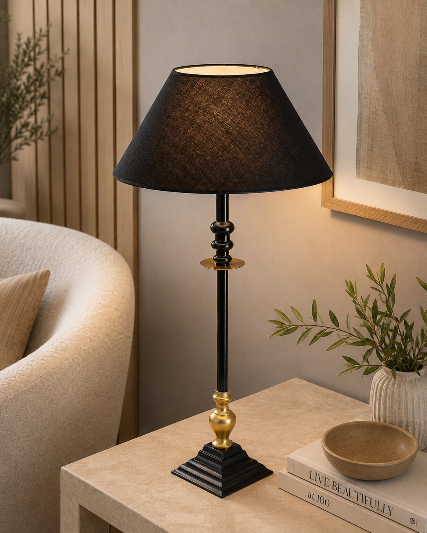 Classic Imperial Black Golden Riveria Table Lamp, Cone Shade