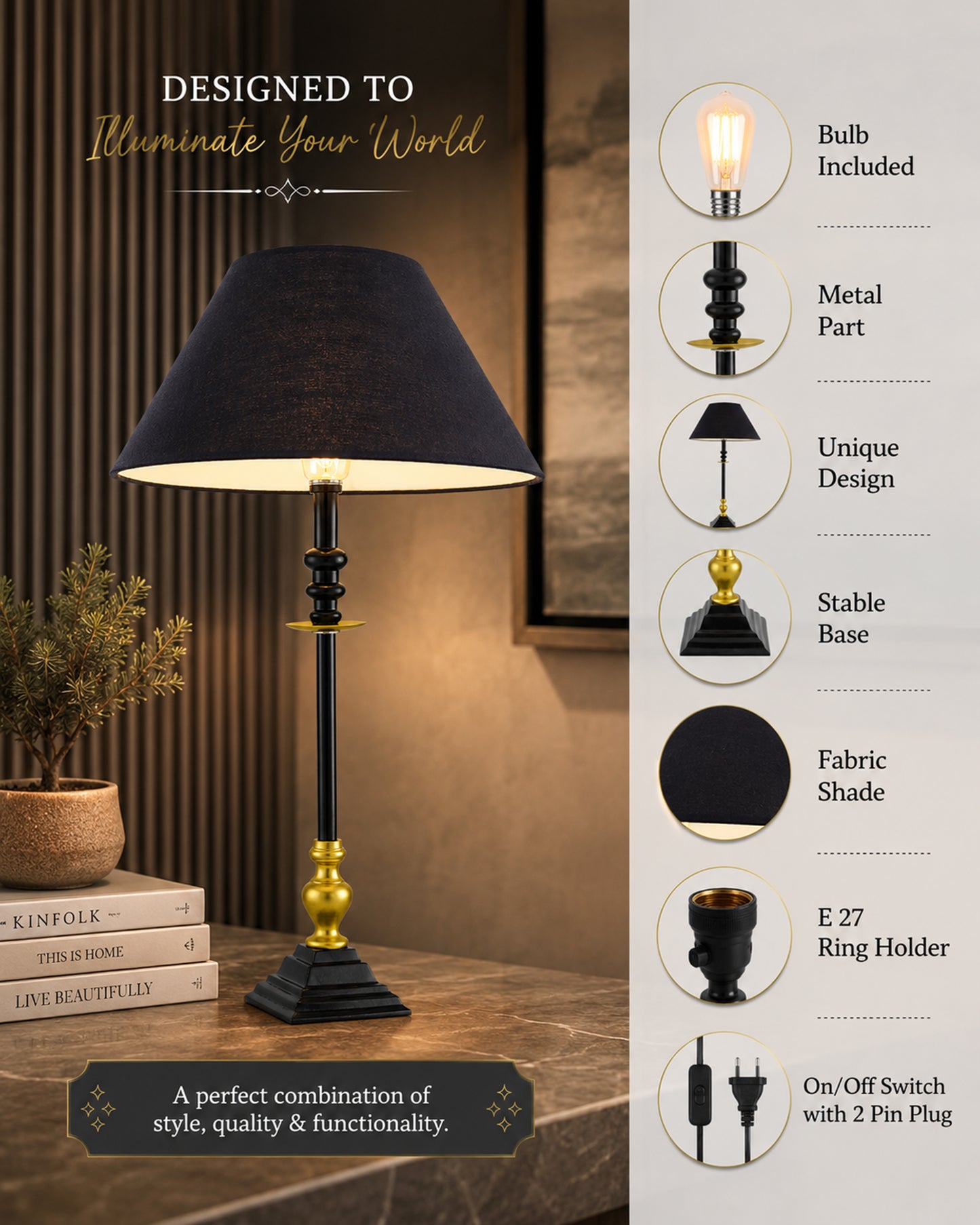 Classic Imperial Black Golden Riveria Table Lamp, Cone Shade