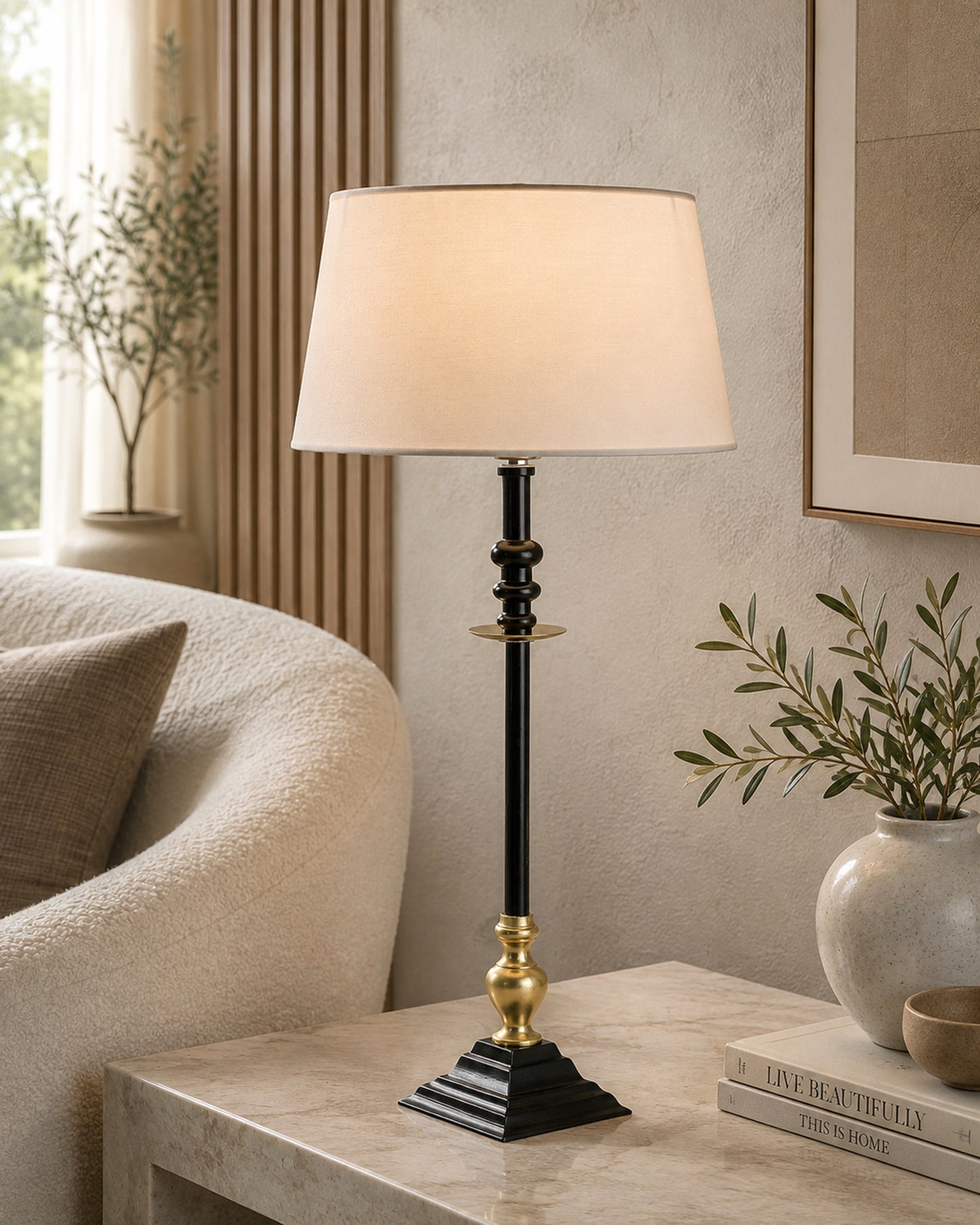 Classic Imperial Black Golden Riveria Table Lamp, Drum Shade