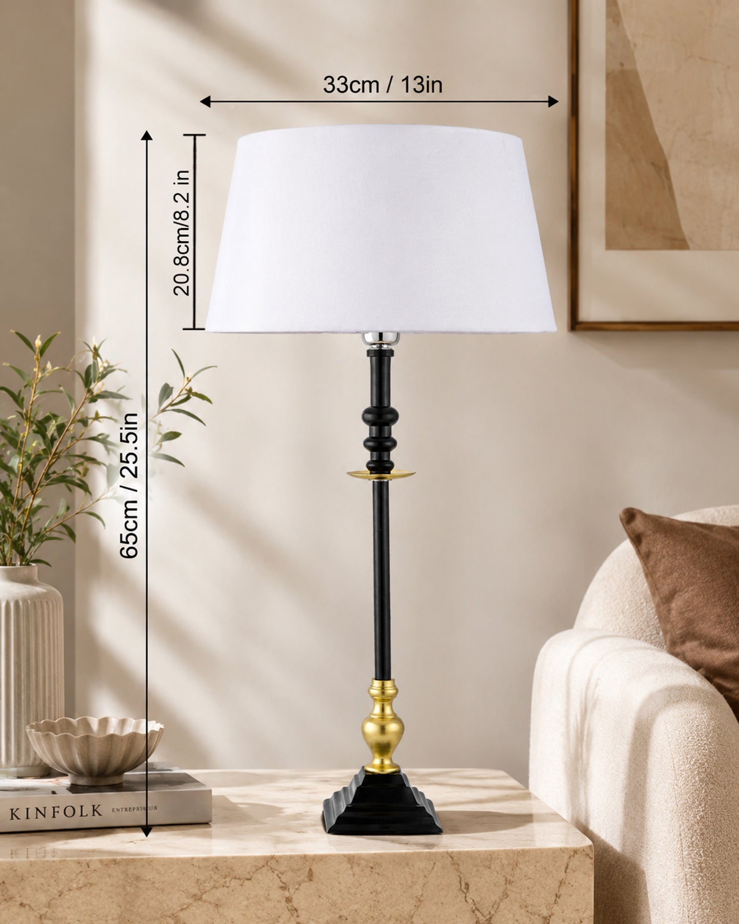 Classic Imperial Black Golden Riveria Table Lamp, Drum Shade