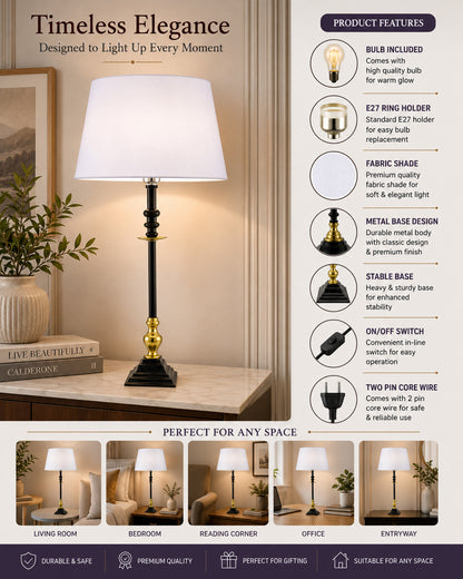 Classic Imperial Black Golden Riveria Table Lamp, Drum Shade