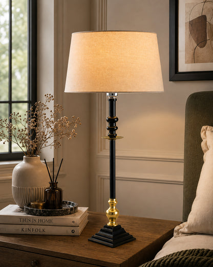 Classic Imperial Black Golden Riveria Table Lamp, Drum Shade