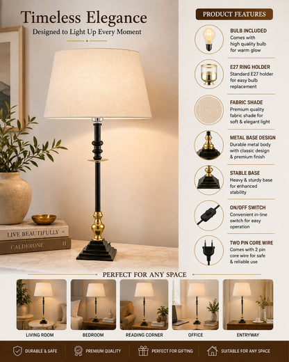 Classic Imperial Black Golden Riveria Table Lamp, Drum Shade