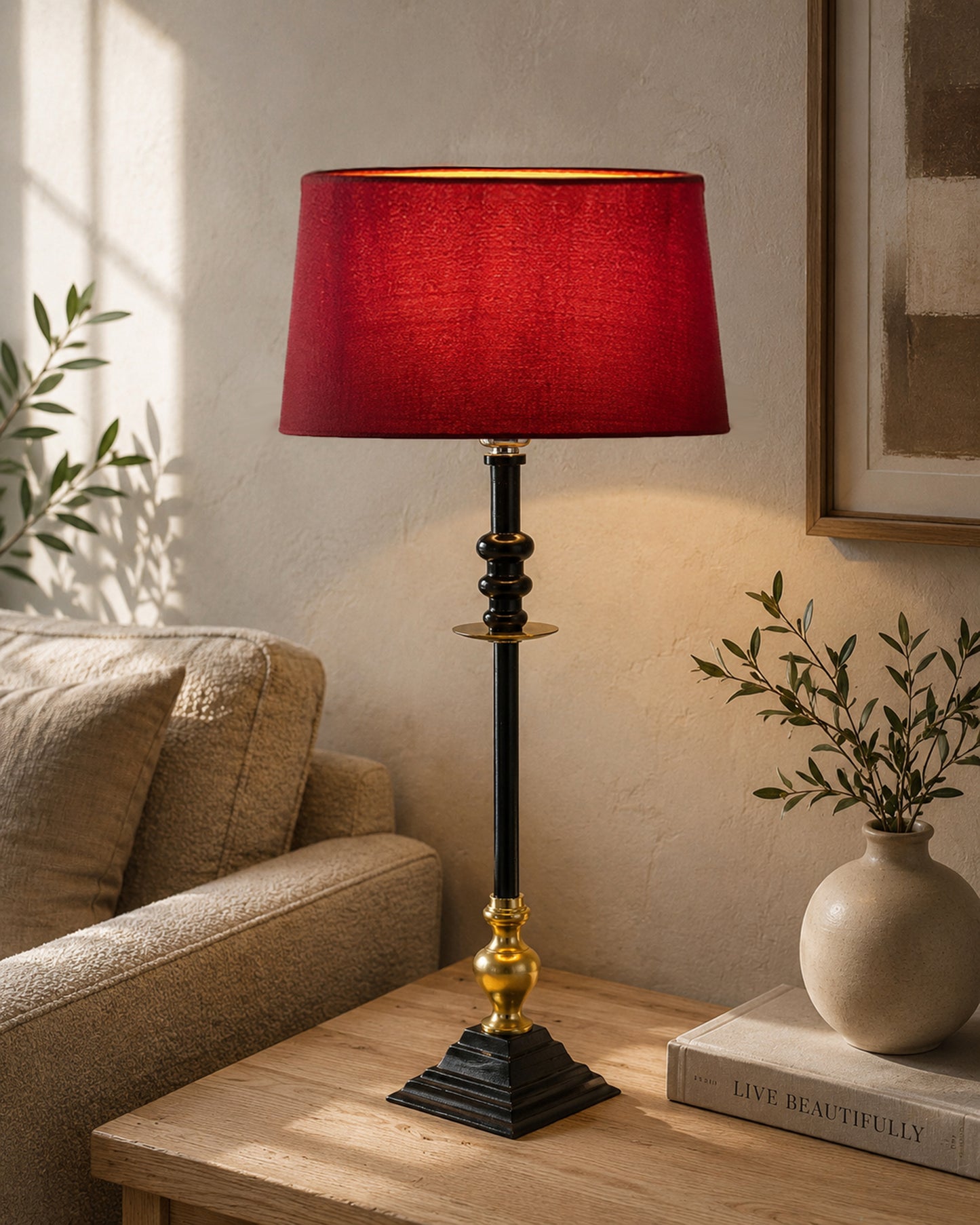 Classic Imperial Black Golden Riveria Table Lamp, Drum Shade