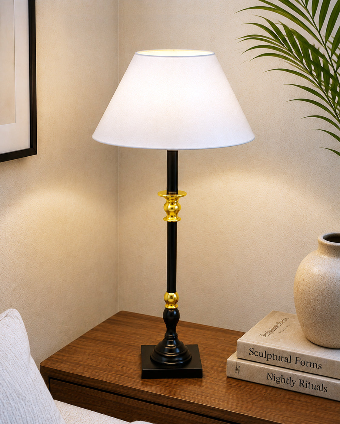 Classic Imperial Black Golden Candlestick Table Lamp, Cone Shade