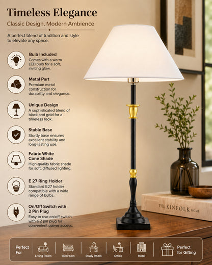 Classic Imperial Black Golden Candlestick Table Lamp, Cone Shade
