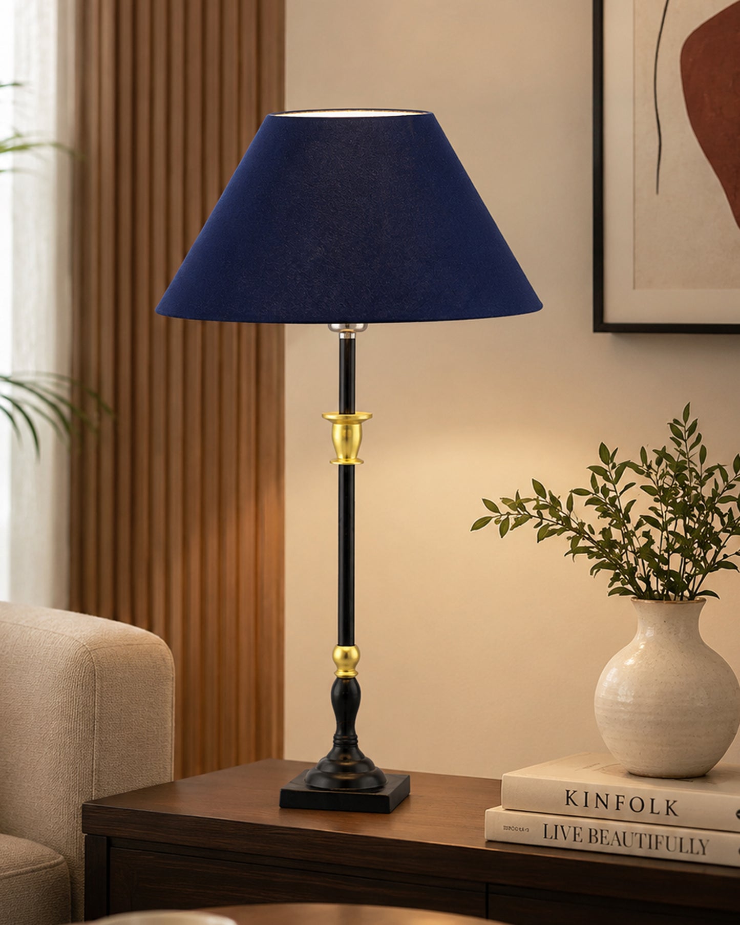 Classic Imperial Black Golden Candlestick Table Lamp, Cone Shade