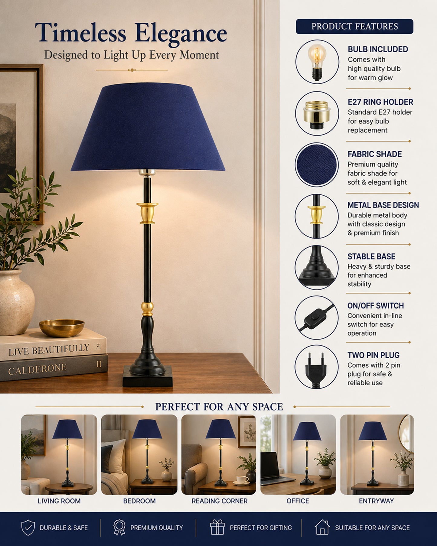 Classic Imperial Black Golden Candlestick Table Lamp, Cone Shade