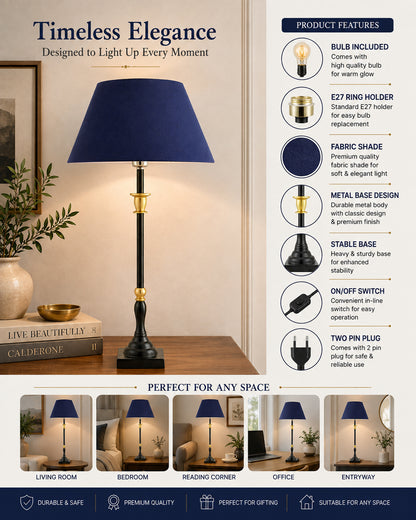 Classic Imperial Black Golden Candlestick Table Lamp, Cone Shade
