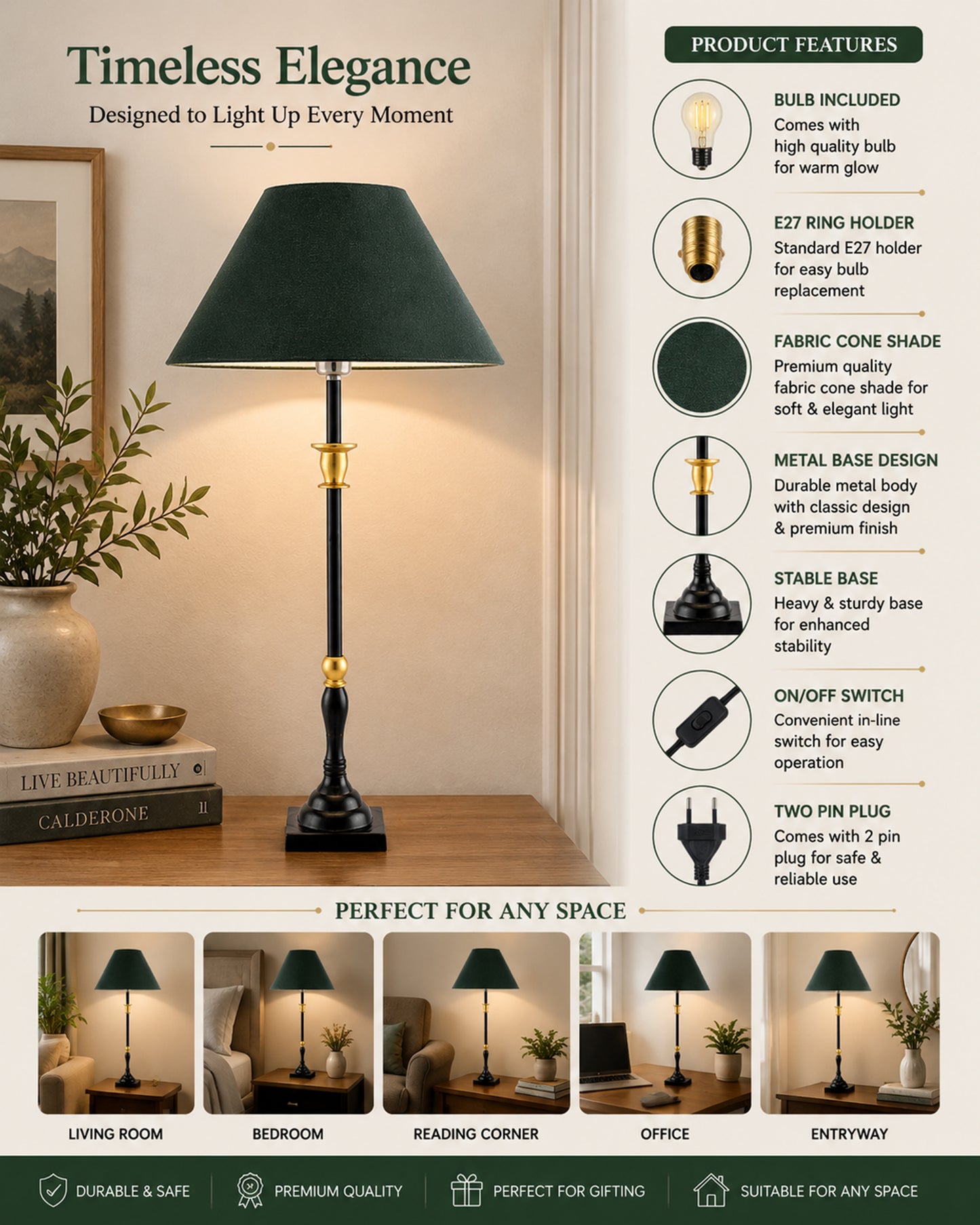 Classic Imperial Black Golden Candlestick Table Lamp, Cone Shade