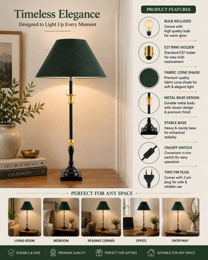Classic Imperial Black Golden Candlestick Table Lamp, Cone Shade