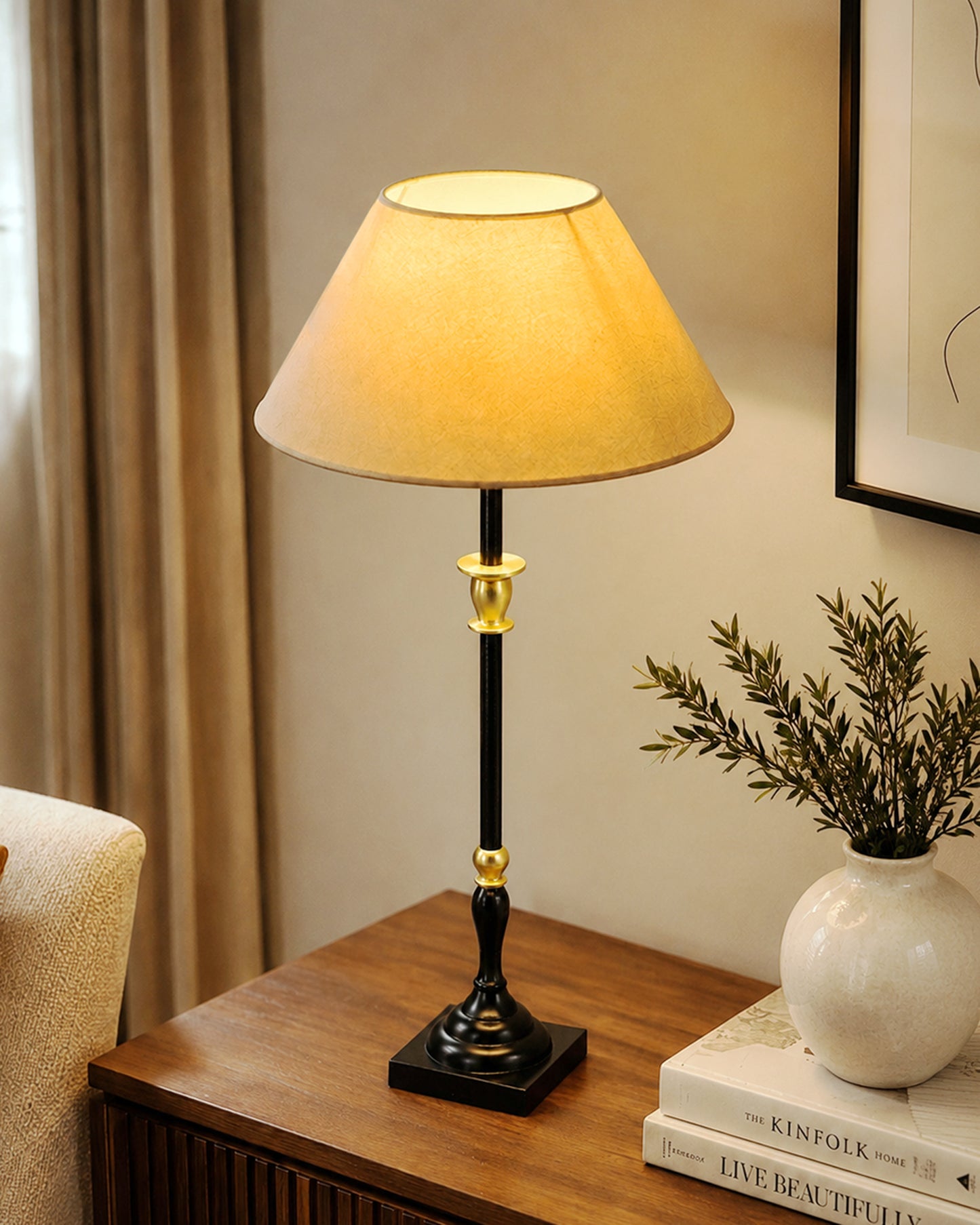 Classic Imperial Black Golden Candlestick Table Lamp, Cone Shade