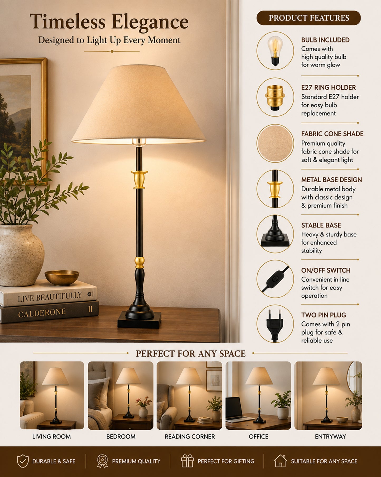 Classic Imperial Black Golden Candlestick Table Lamp, Cone Shade