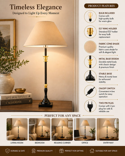 Classic Imperial Black Golden Candlestick Table Lamp, Cone Shade