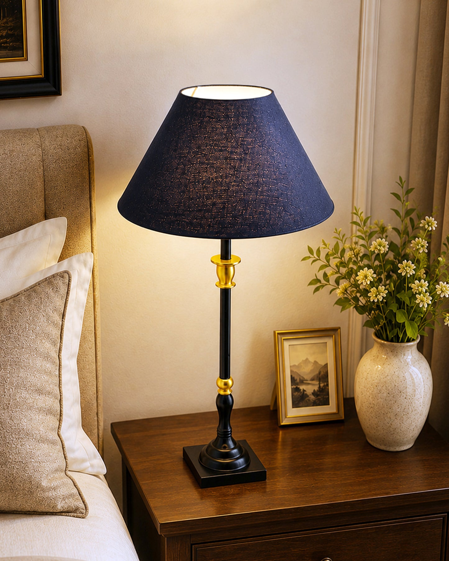Classic Imperial Black Golden Candlestick Table Lamp, Cone Shade