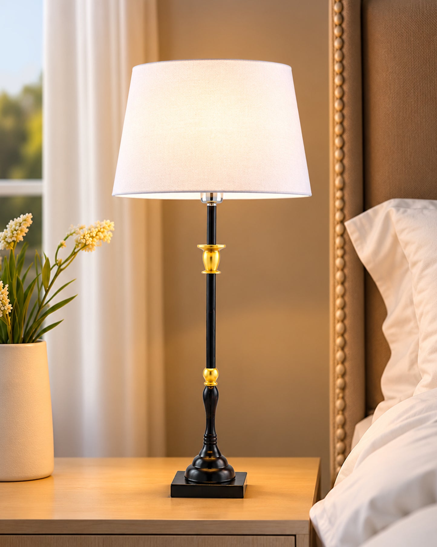 Classic Imperial Black Golden Candlestick Table Lamp, Drum Shade