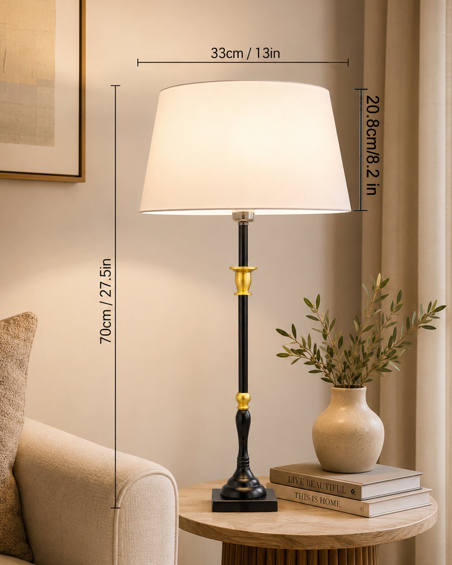 Classic Imperial Black Golden Candlestick Table Lamp, Drum Shade