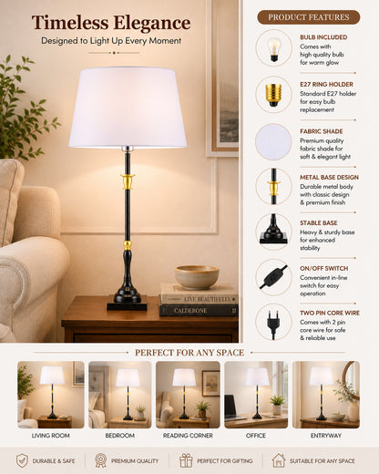 Classic Imperial Black Golden Candlestick Table Lamp, Drum Shade